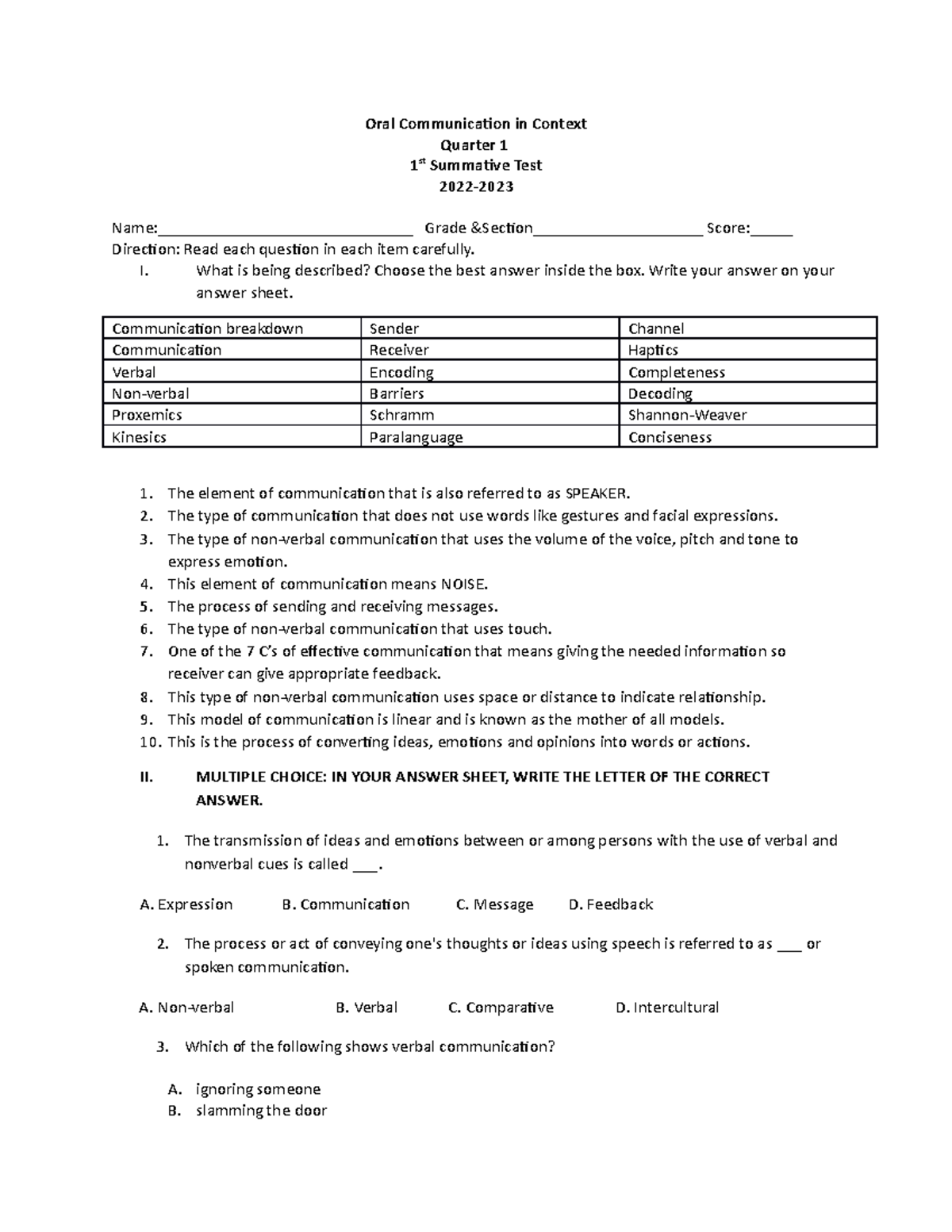 Oral Communication in Context: Q1 1st Summative Test 2022 - Studocu