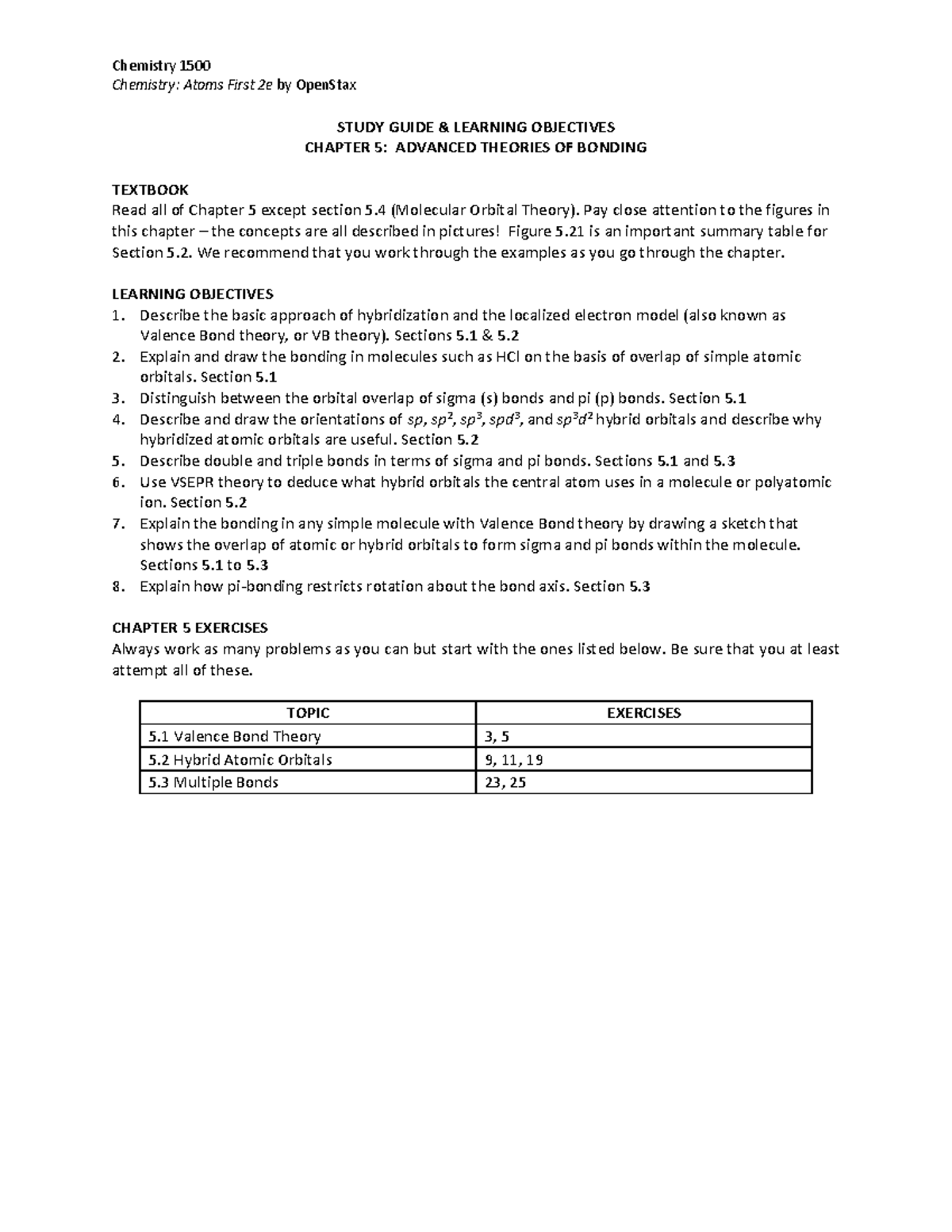 Chemistry 1500 Study Guide: Chapter 5 - Advanced Bonding Theories - Studocu