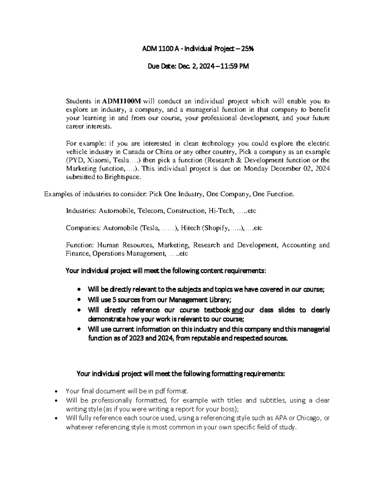 ADM 1100 A - Individual Project Guidelines & Requirements (25%) - Studocu