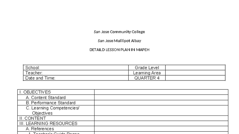 Detailed Lesson Plan in MAPEH - San Jose Community College - Studocu