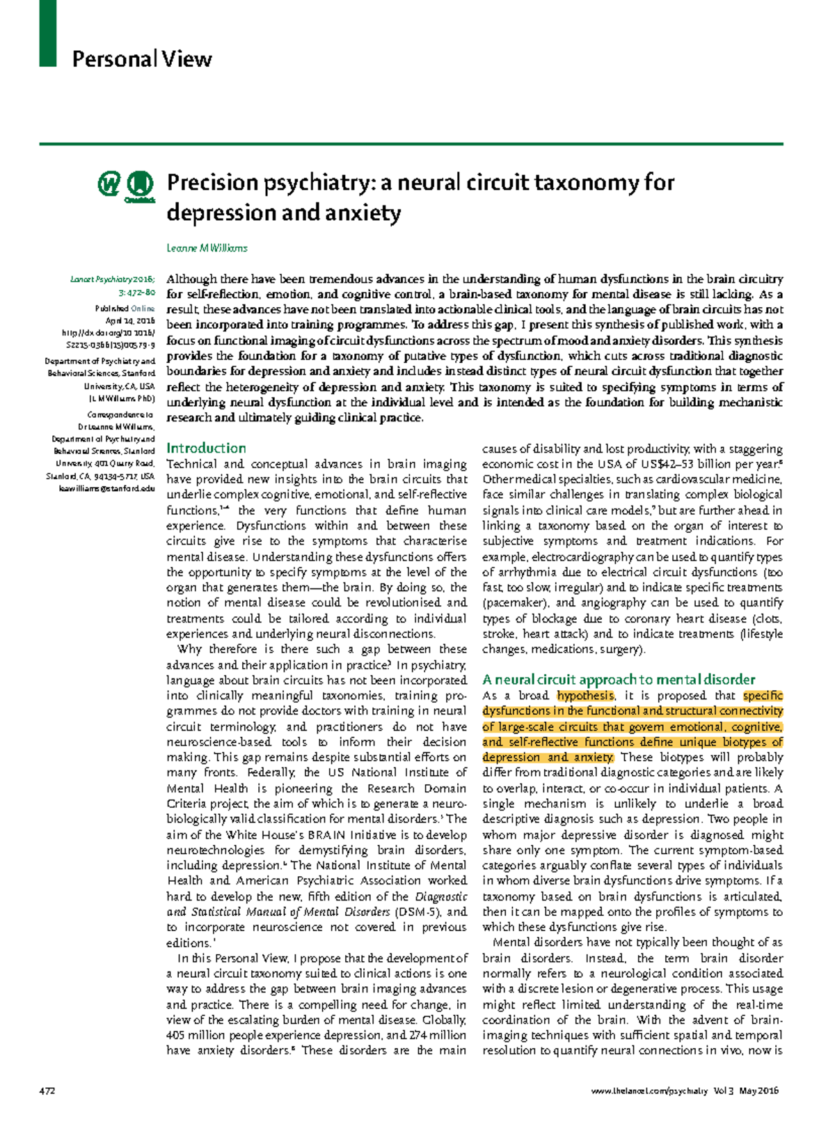 Precision Psychiatry: Neural Circuit Taxonomy for Depression & Anxiety ...