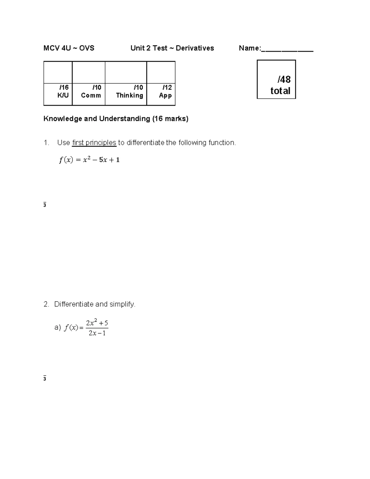 Unit Test 5 MCV4U-7: Vectors and Frog's Swim Calculation - Studocu