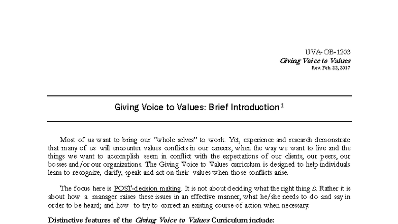 Giving Voice to Values: Introduction and Key Insights (GVV) - Studocu