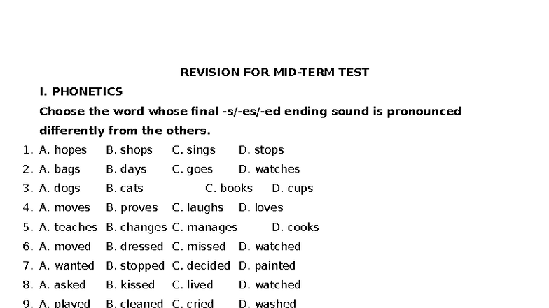 REVISION FOR TEST I. PHONETICS AND MULTIPLE CHOICE QUESTIONS - Studocu