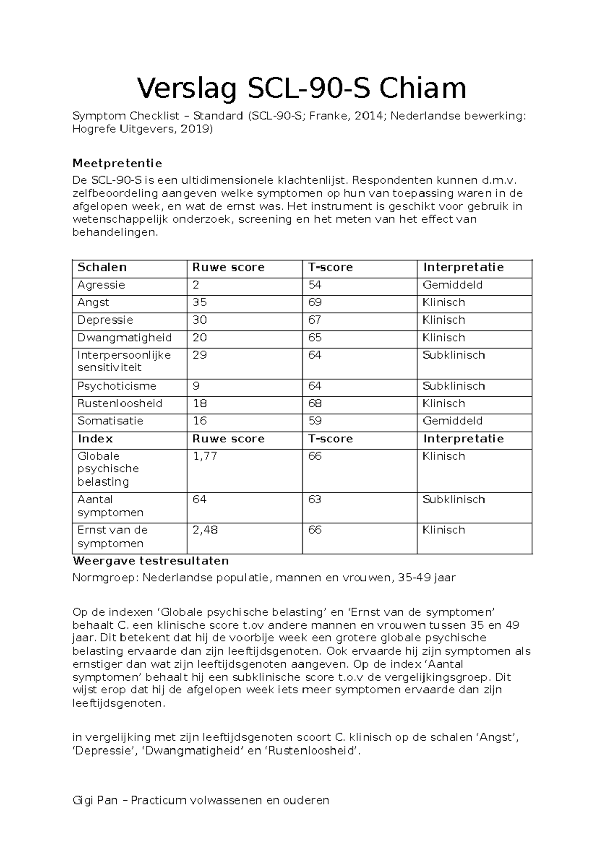Verslag SCL Chiam: Multidimensionele Klachtenlijst Analyse - Studocu