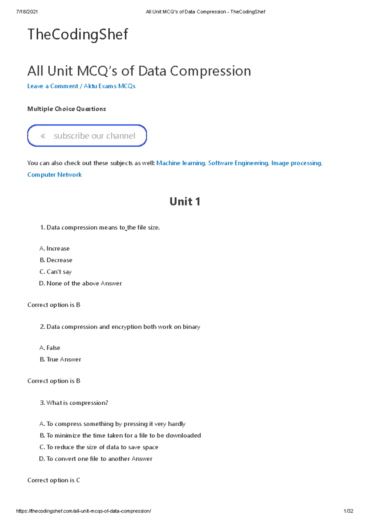 All Unit MCQ's of Data Compression - The Coding Shef - All Unit MCQ’s ...