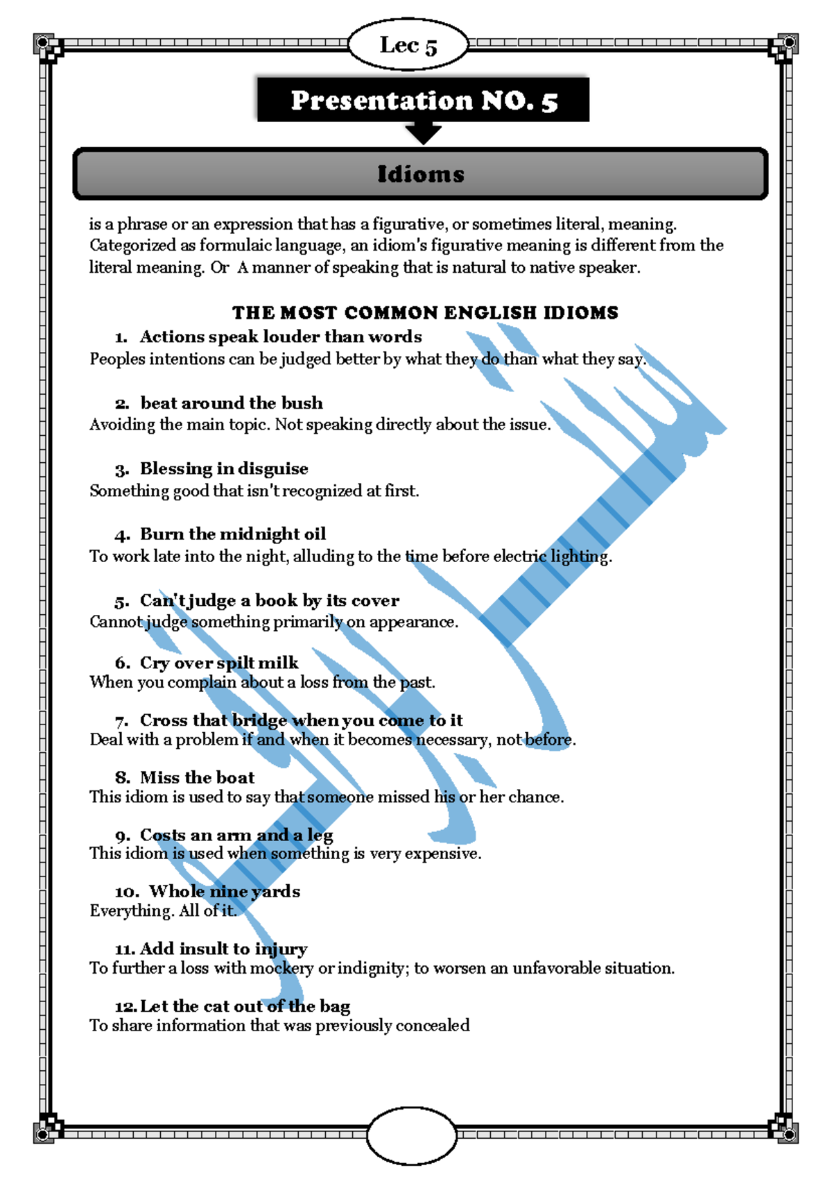 History Lec 5 - Common English Idioms and Language Families - Studocu