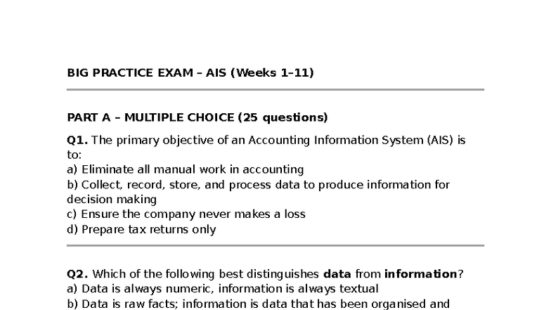BIG PRACTICE EXAM AIS (2025) - Multiple Choice & Short Answer - Studocu