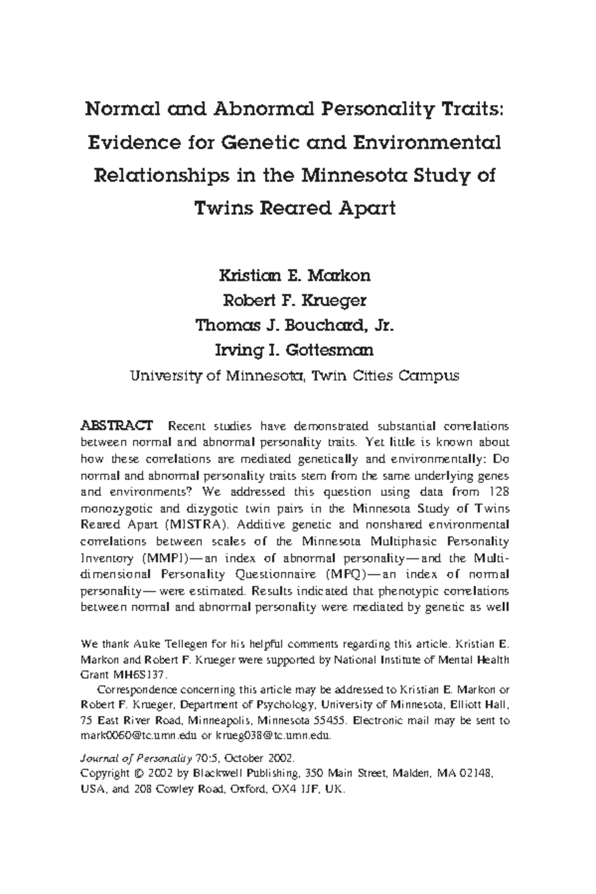 Normal and Abnormal Personality Traits: Genetic and Environmental Links ...