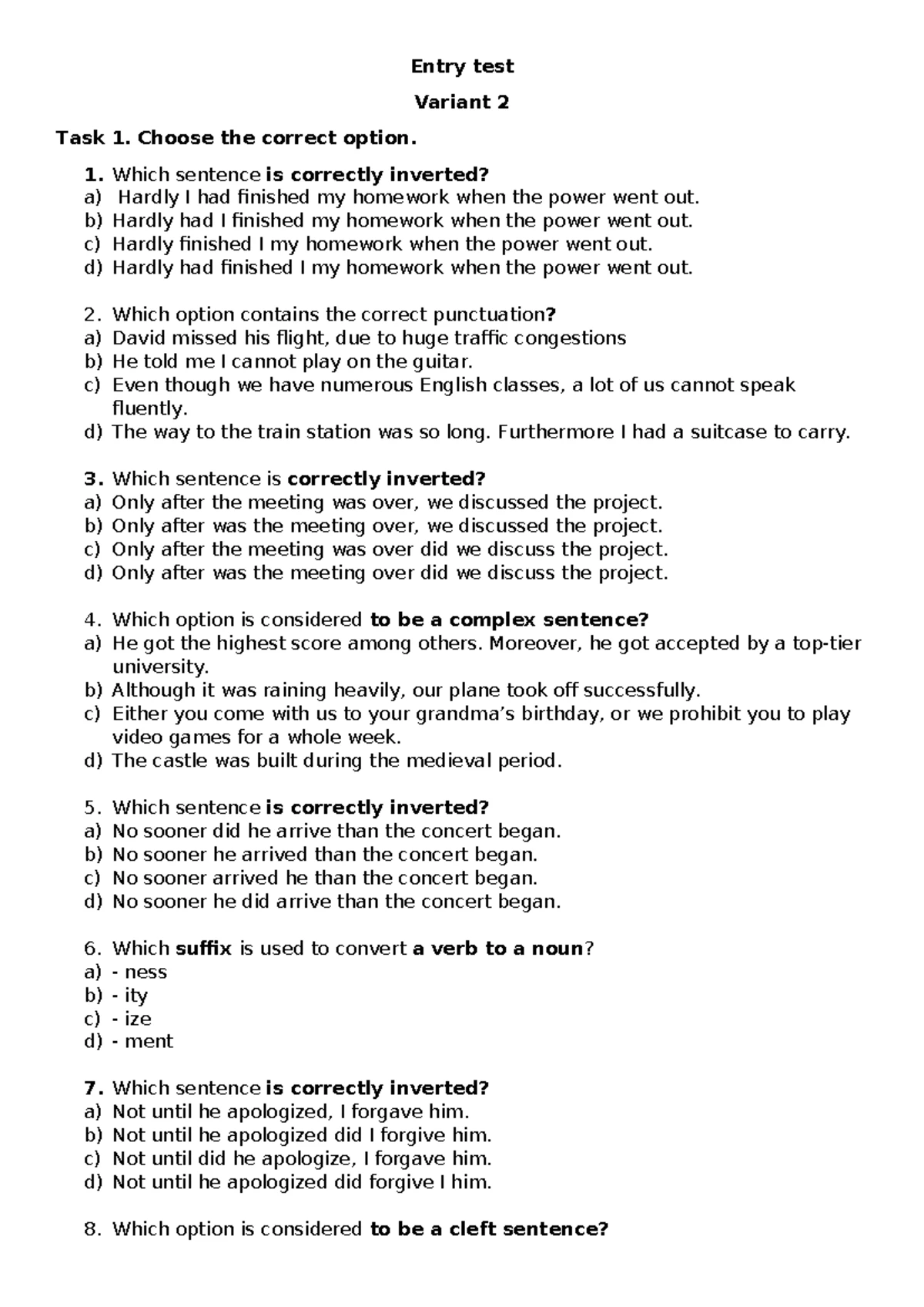 Entry Test 1 - Practical Tasks: Inversion & Sentence Structure - Studocu