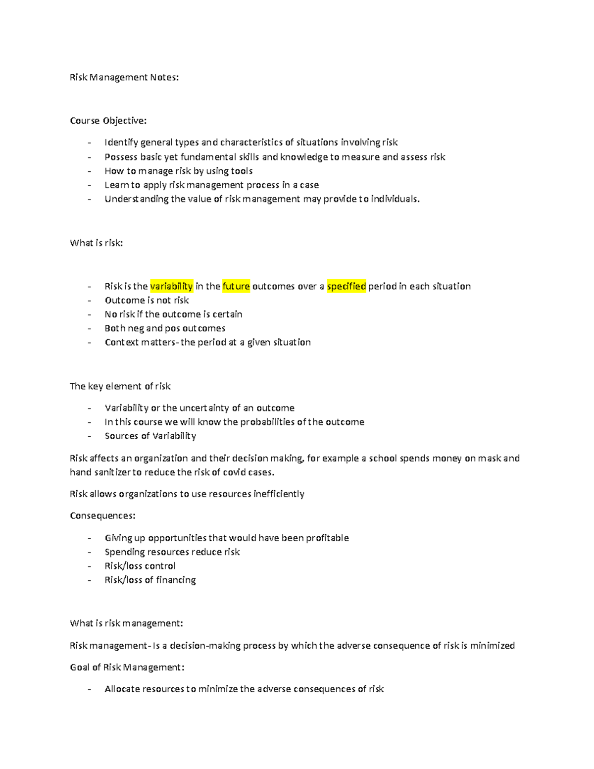 RMI 1 - Key Concepts and Objectives of Risk Management - Studocu