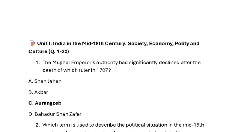 HOI 6 MCQ test - MCQ questions - 굽굾굿궀긍긎긏긐긑 Unit I: India in the Mid ...