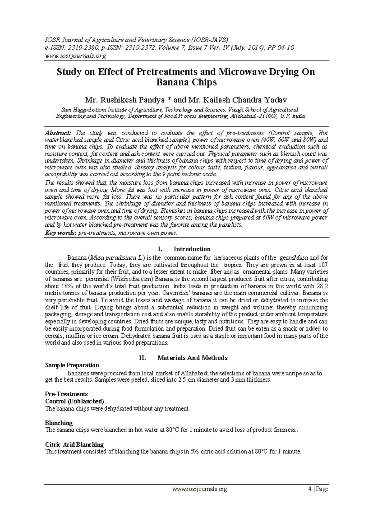 Study on Microwave Drying & Pretreatments of Banana Chips (AVS 7) - Studocu