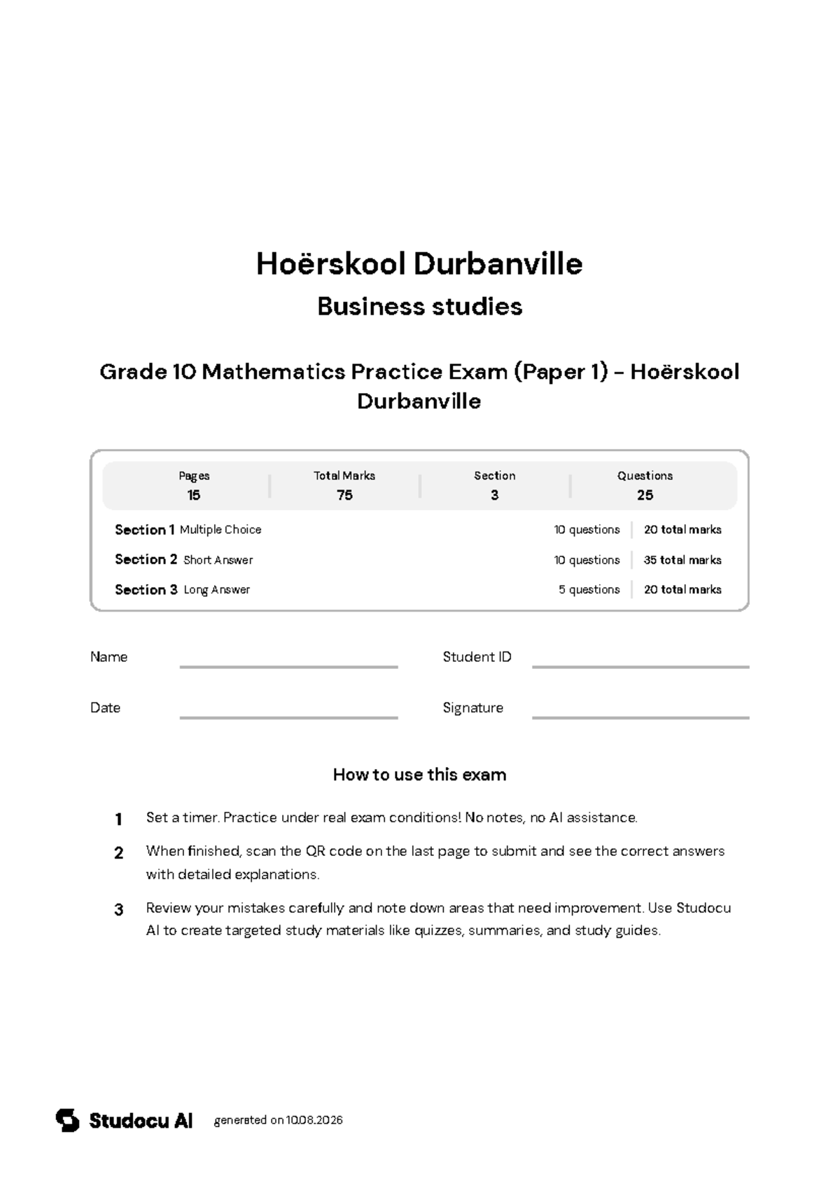 Grade 10 Mathematics Practice Exam - Hoërskool Durbanville - Studocu