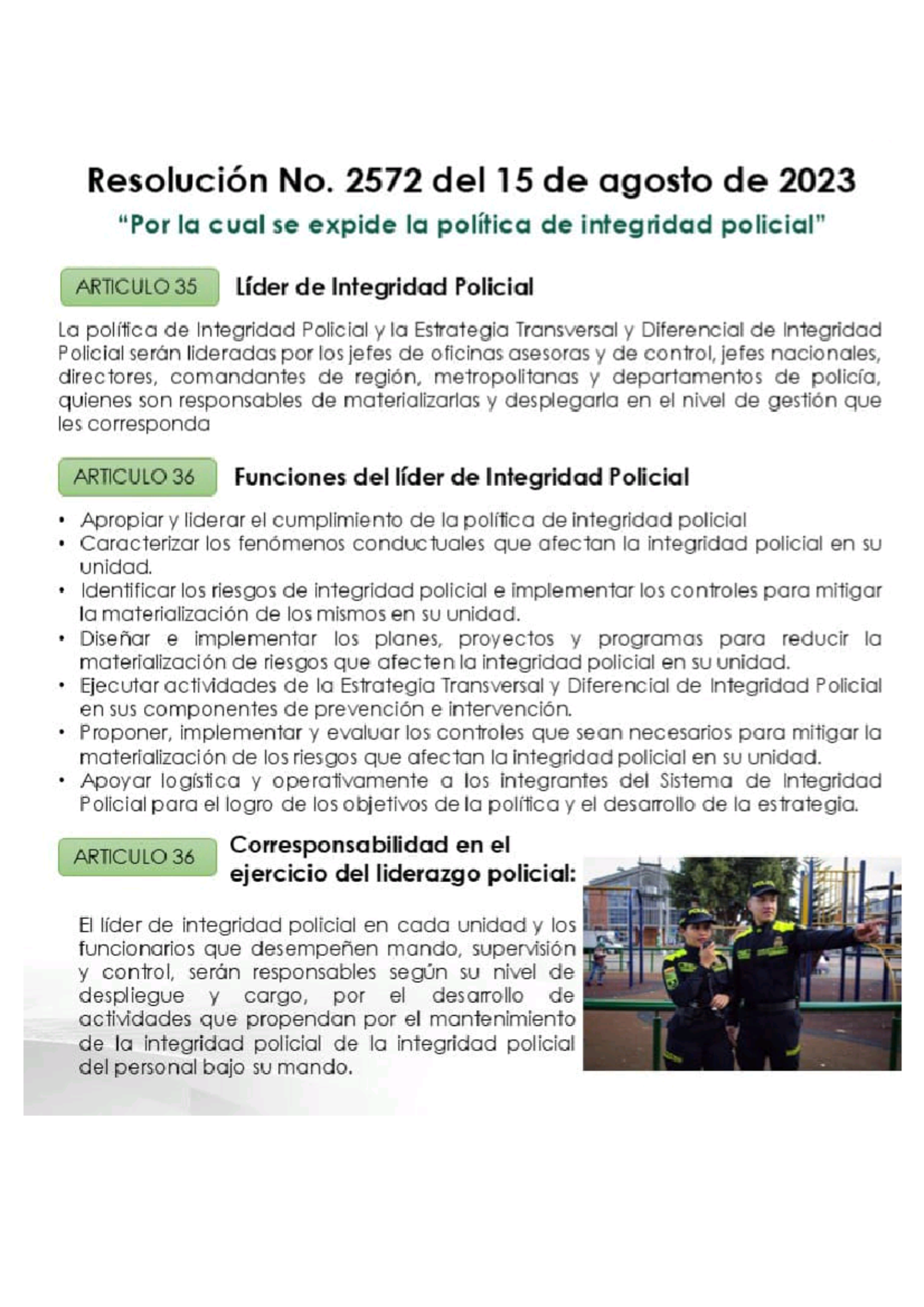Política de Integridad Policial - Resolución No. 2572 del 2023 - Studocu