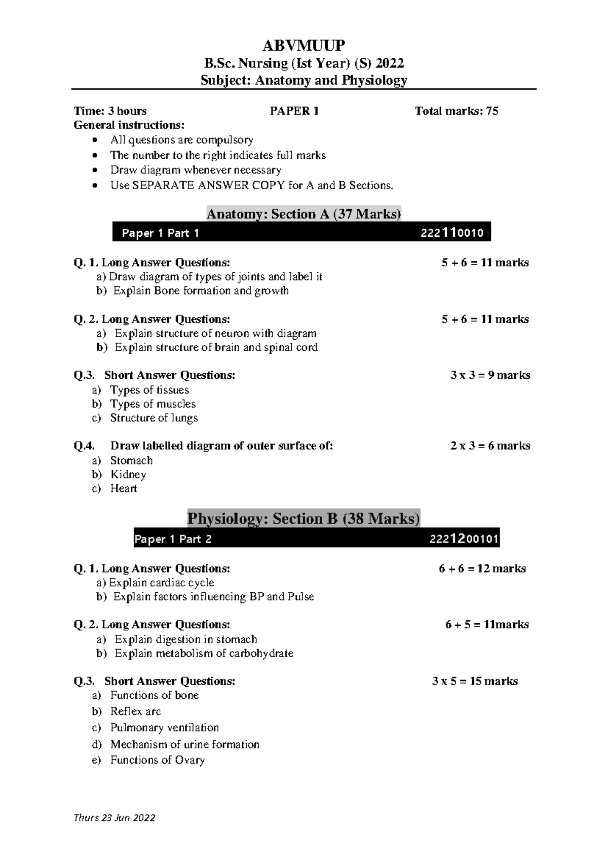 ABVMUUP B.Sc. Nursing 1st Year Anatomy & Physiology Exam Paper 1 - Studocu