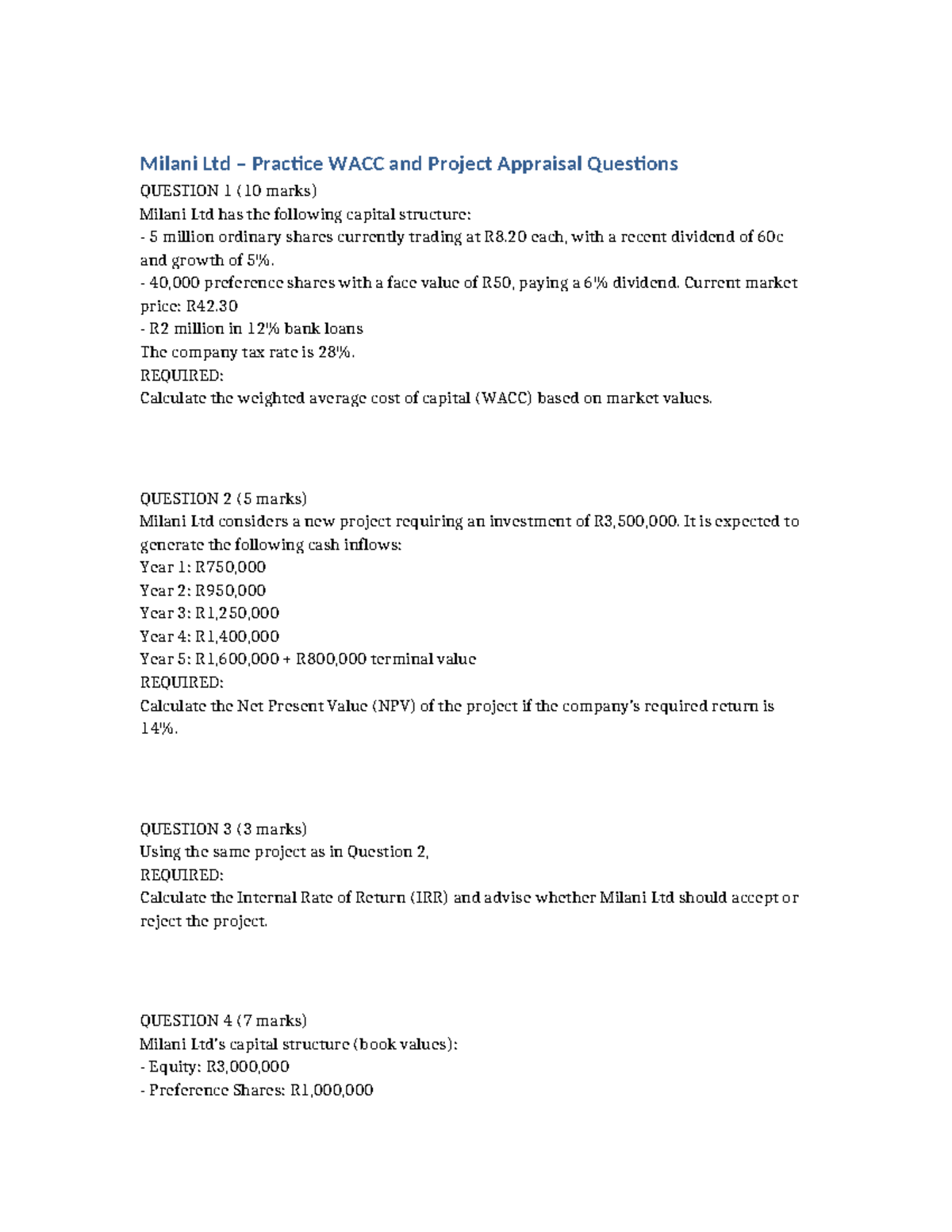Milani Ltd FIN 301 Practice WACC & Project Appraisal Questions - Studocu