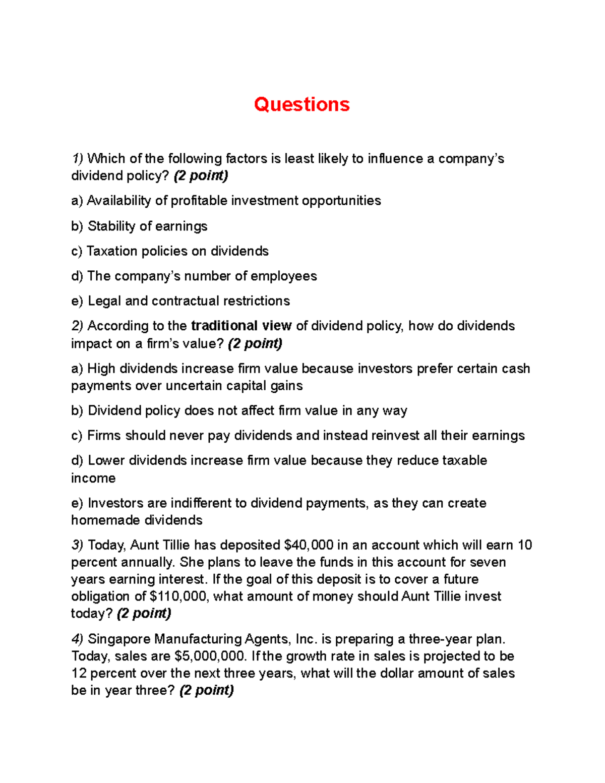 Midterm Questions Example for Finance 101: Dividend Policy & NPV ...