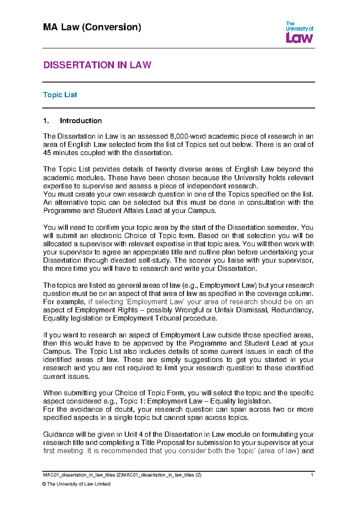 MA Law (Conversion) Dissertation Topic List and Guidelines - Studocu