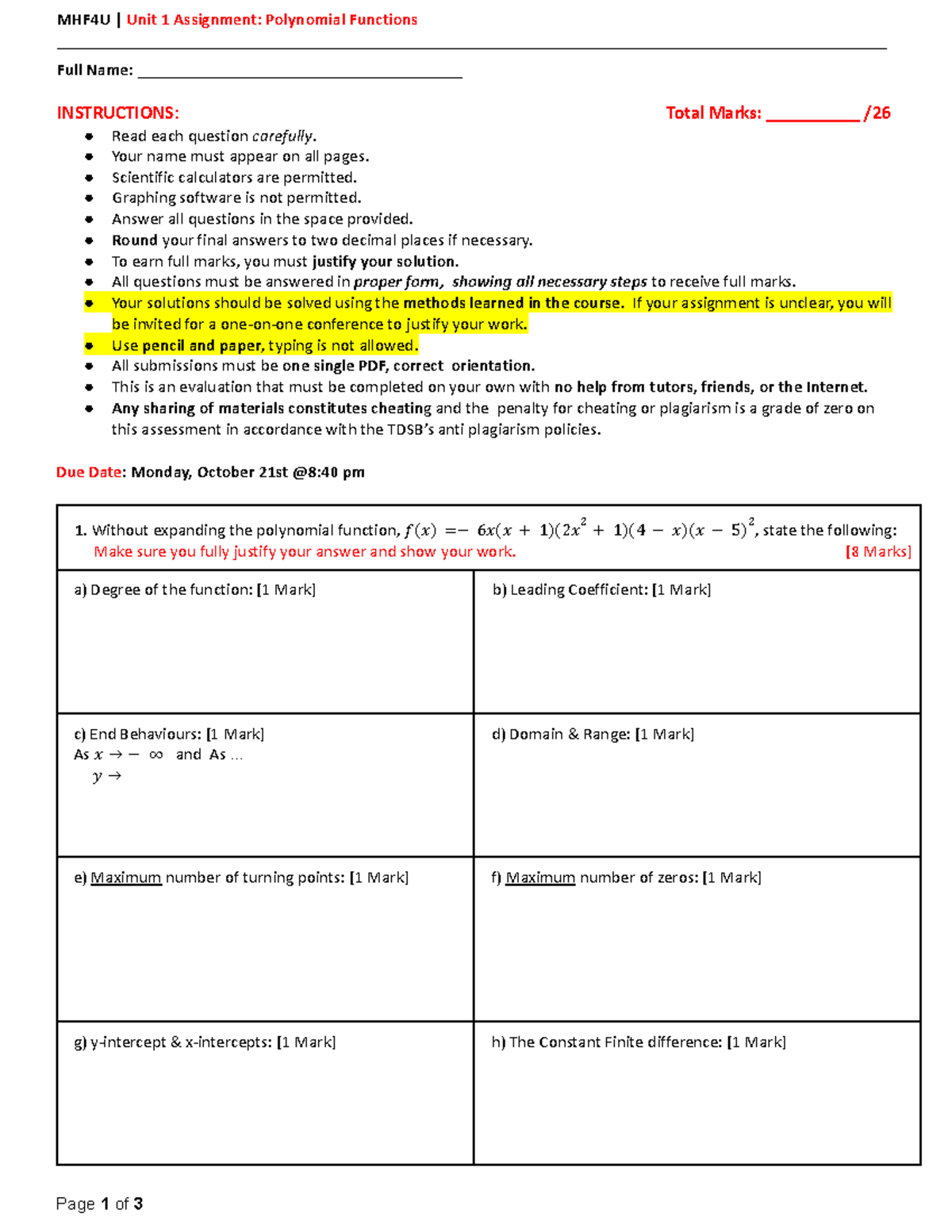 Unit 1 Assignment - Polynomial Functions & Characteristics Analysis ...