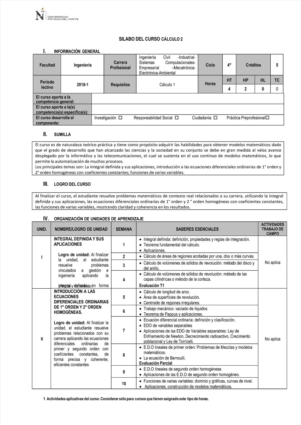 Sílabo del Curso Cálculo 2 - Información General y Estructura de Evaluación - Document Preview