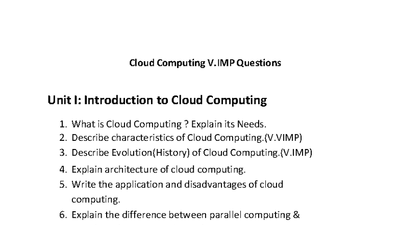 Cloud Computing (CSE101) Important Questions for All Units - Studocu
