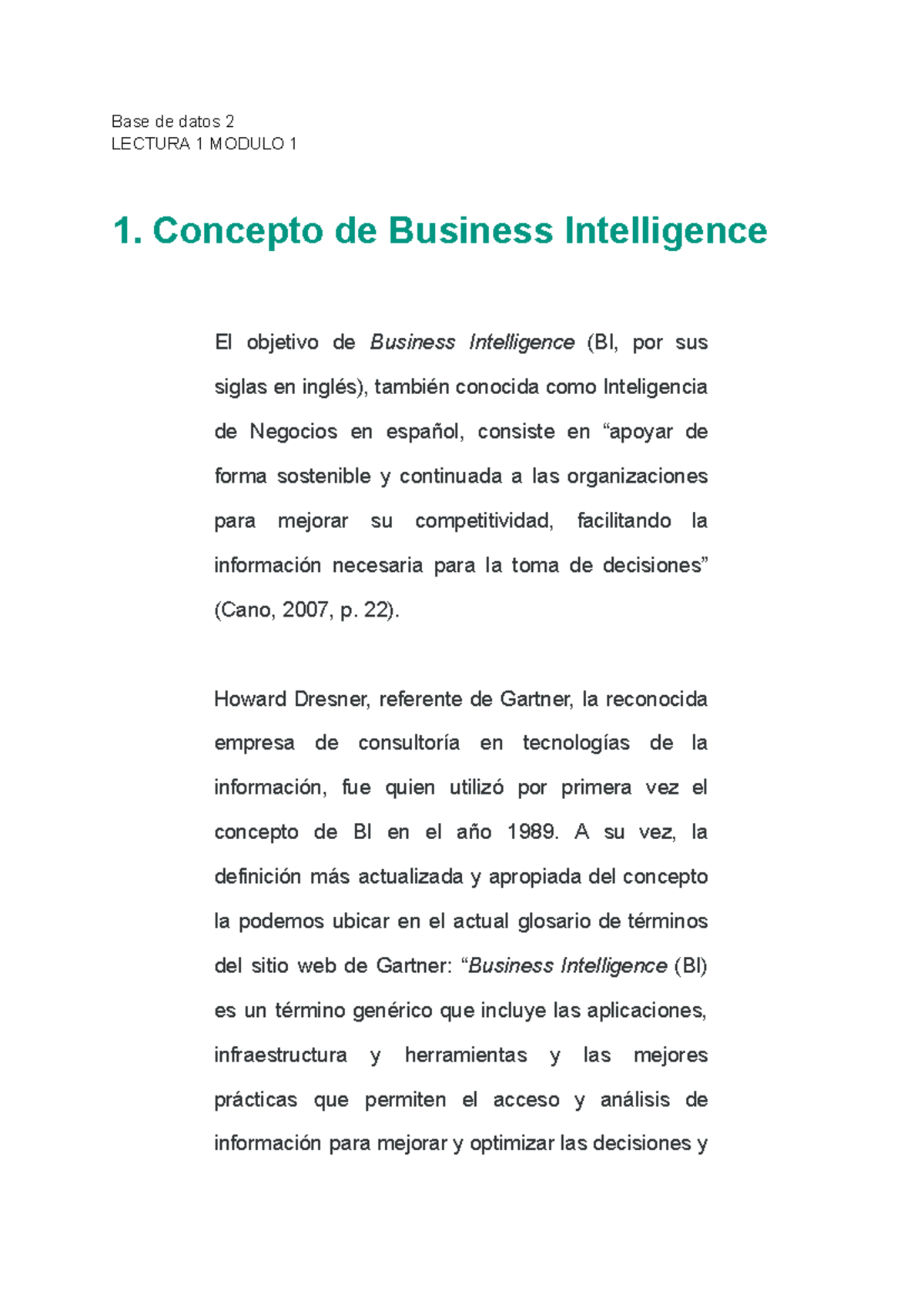 Base de datos 2: LECTURA 1 - Introducción a Business Intelligence - Studocu