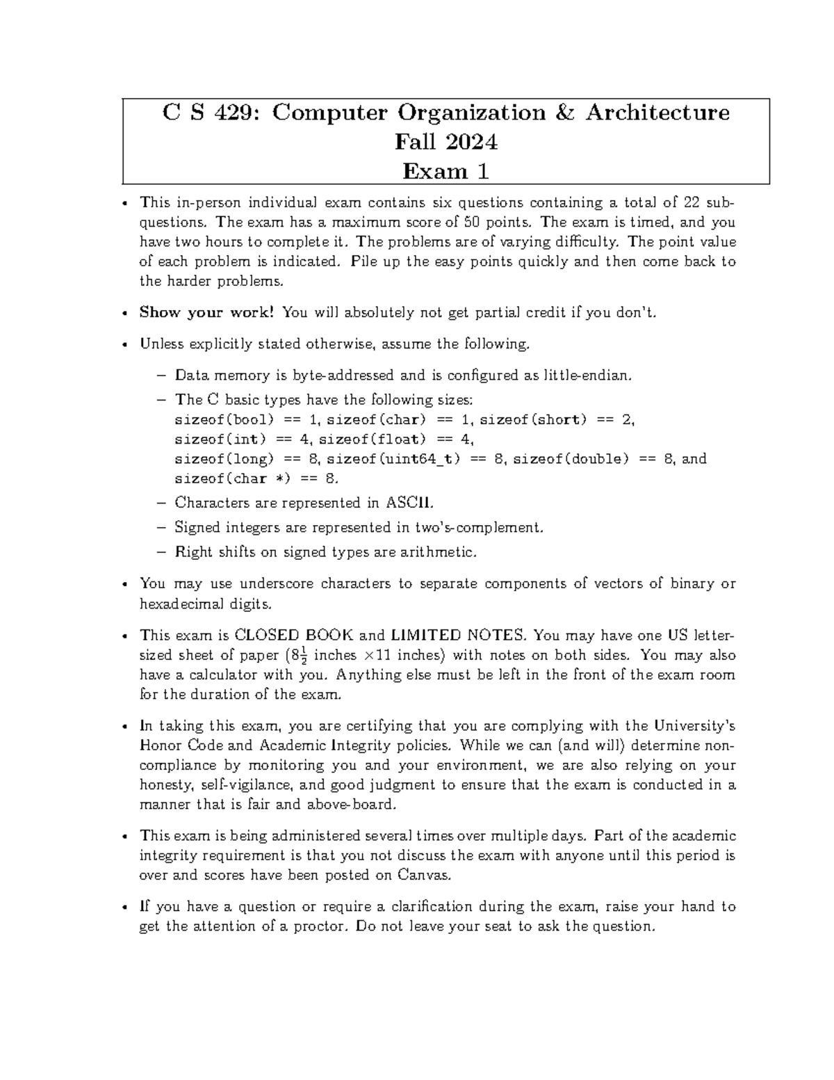 C S 429: Computer Organization Architecture Fall 2024 Midterm Exam 1 ...