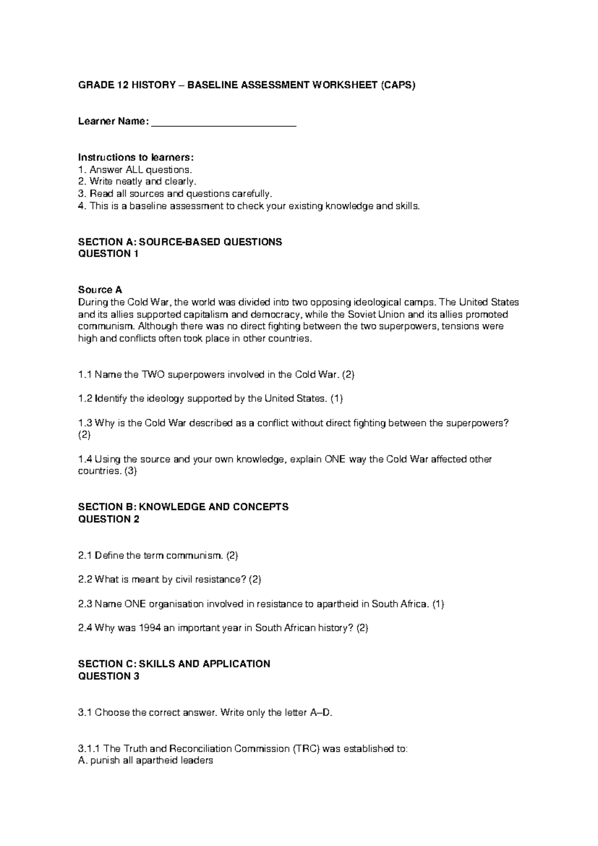 GRADE 12 HISTORY BASELINE ASSESSMENT WORKSHEET (CAPS) - Studocu