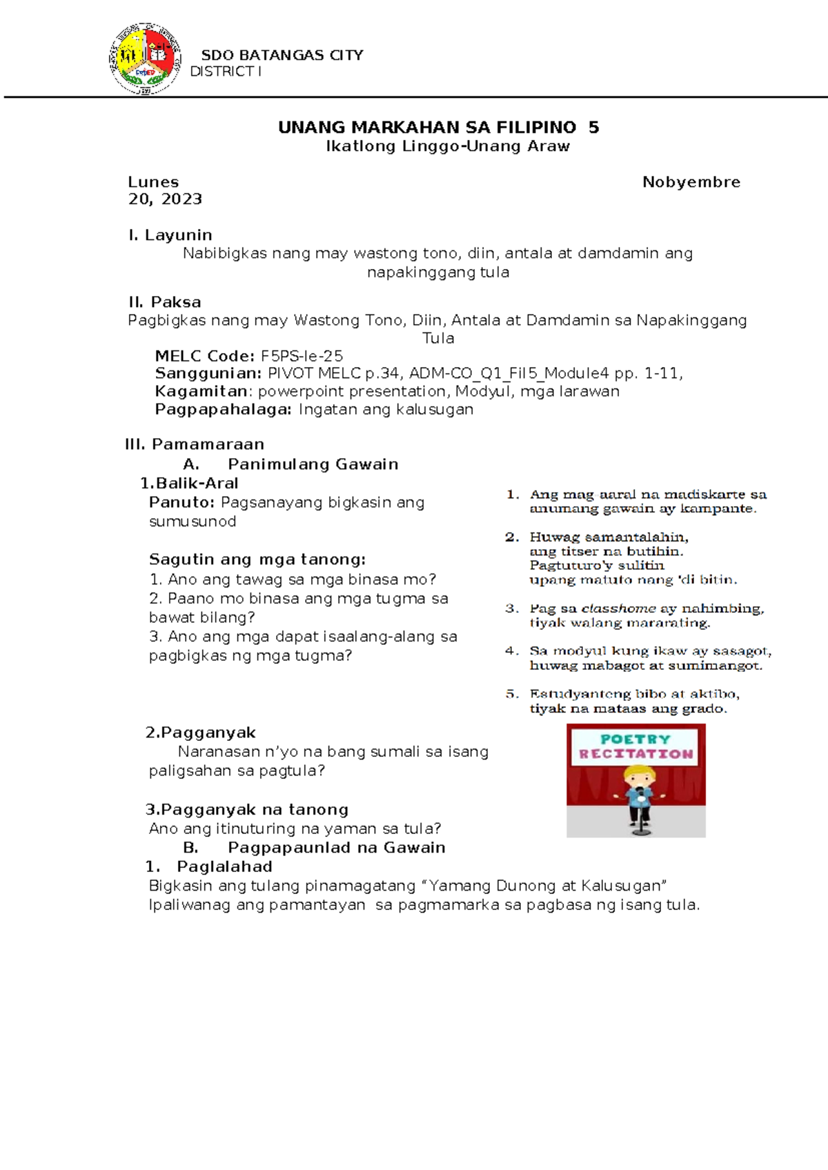 Q2 W3 FIL5 Day2 5 - Lesson Plan para sa Pagbigkas sa Tula - Studocu