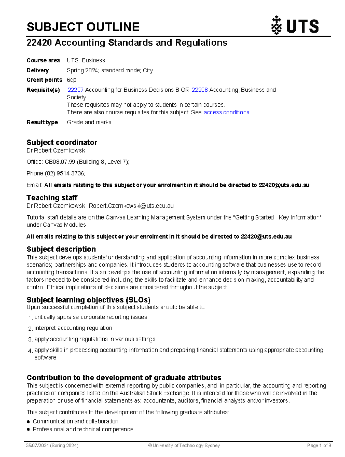 Accounting Standards and Regulations Subject Outline (22420) - Spring ...