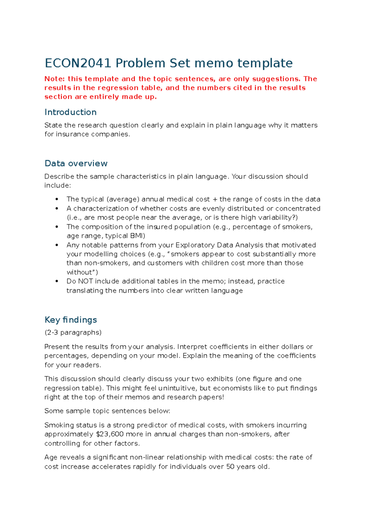 ECON2041 Problem Set Memo: Analyzing Medical Cost Predictors - Studocu