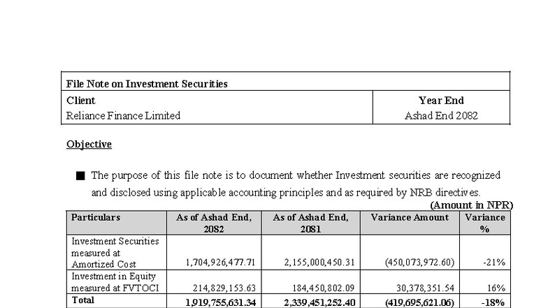 File Note on Investment Securities for Reliance Finance Ltd - Ashad ...