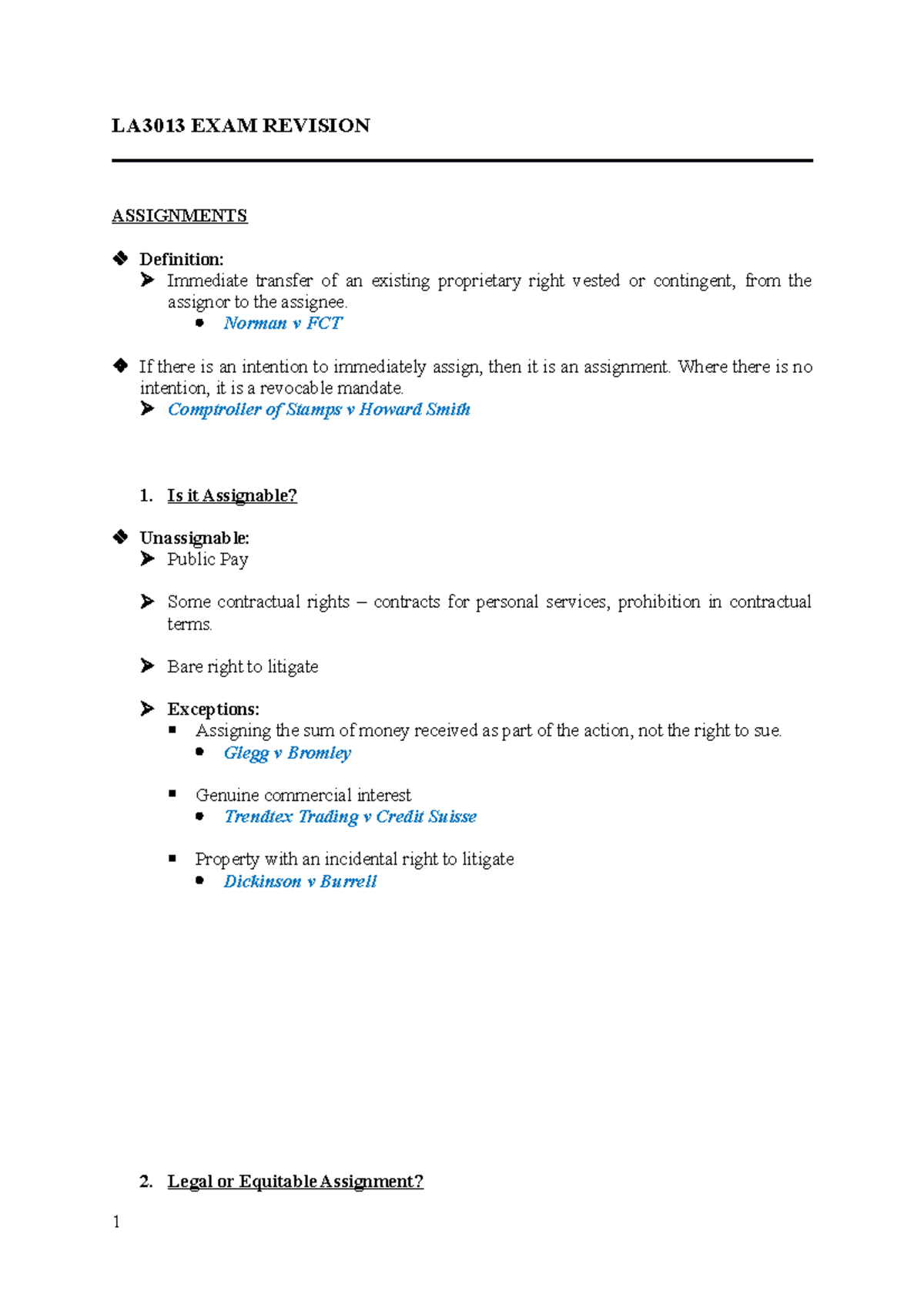 LA3013 EXAM Revision - Equity Law Notes: Assignments, Fiduciary Duties ...