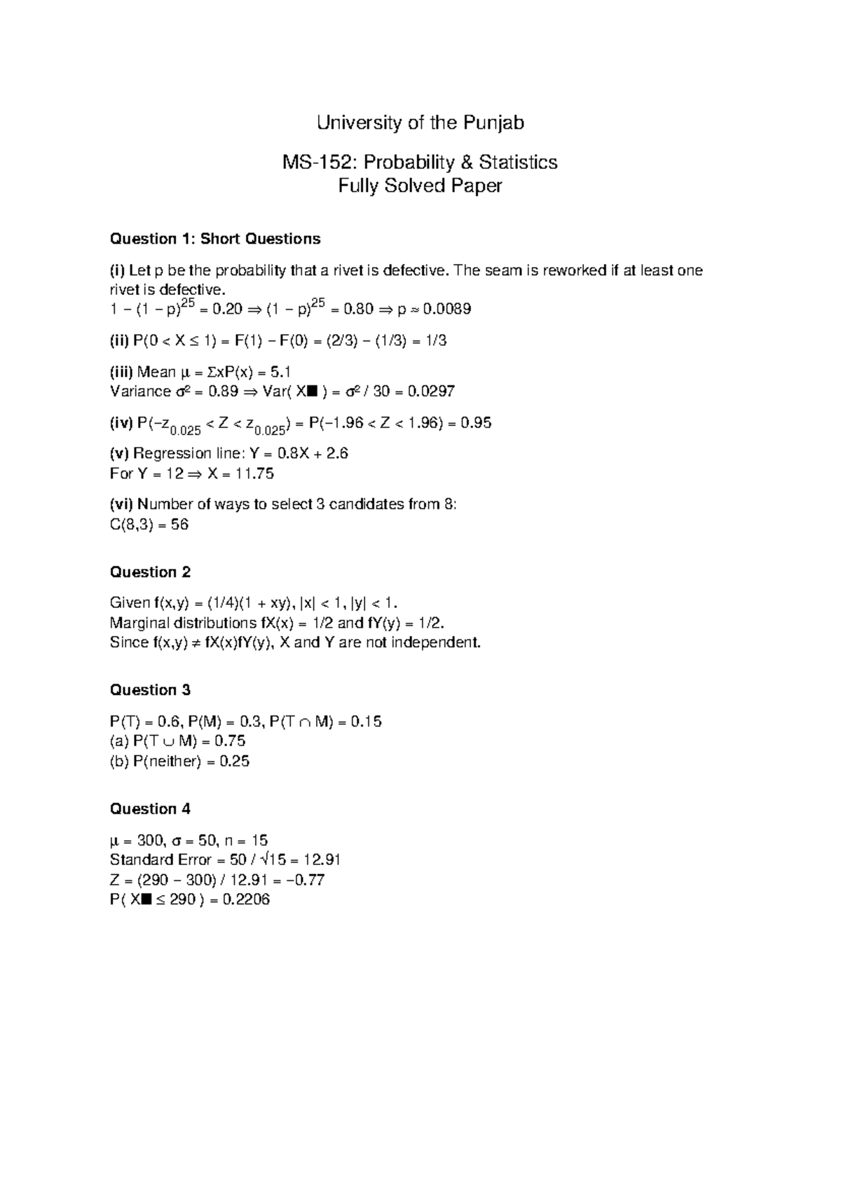 MS 152 Probability & Statistics Fully Solved Paper - Studocu