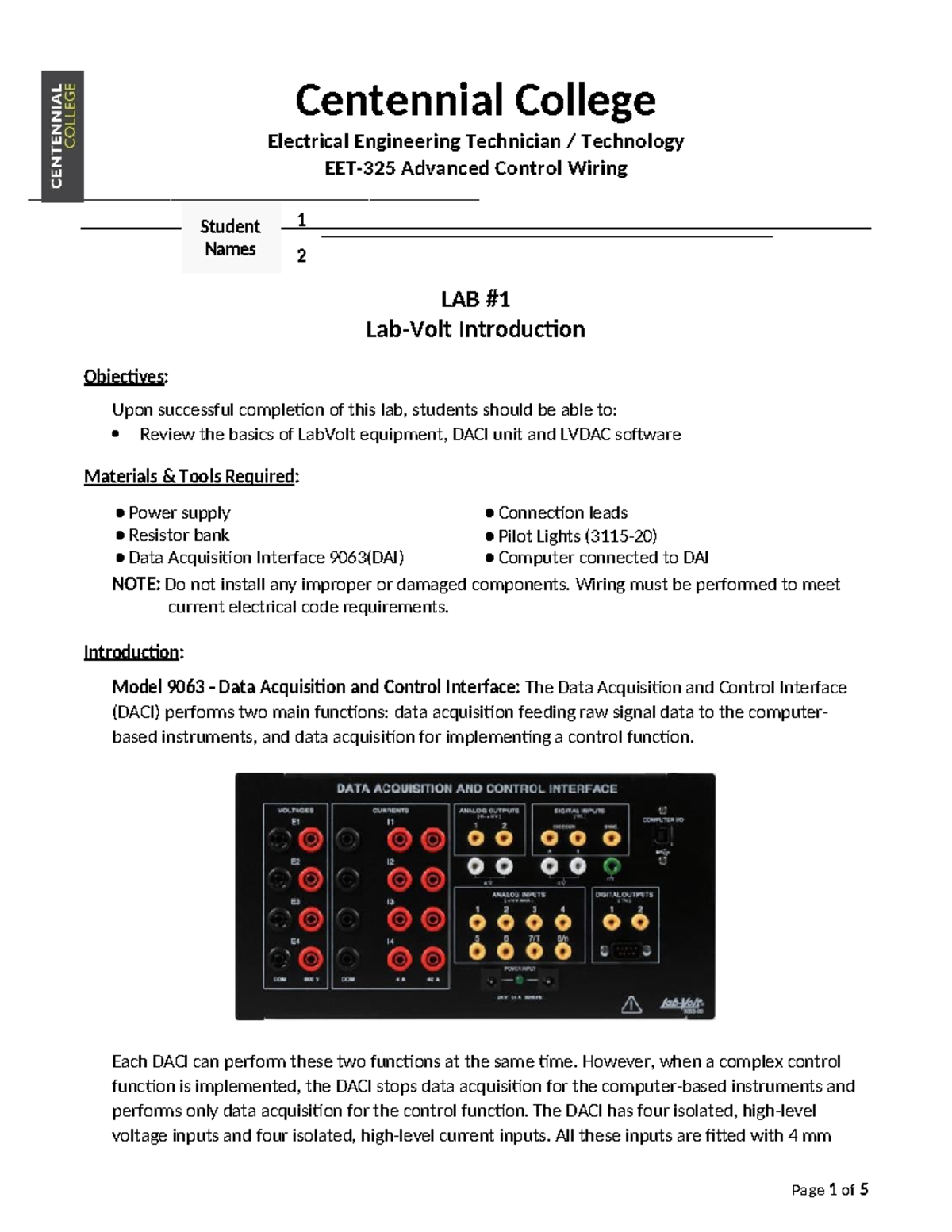 EET-325 Lab 1 - LabVolt Measurement and Control Wiring Techniques - Studocu