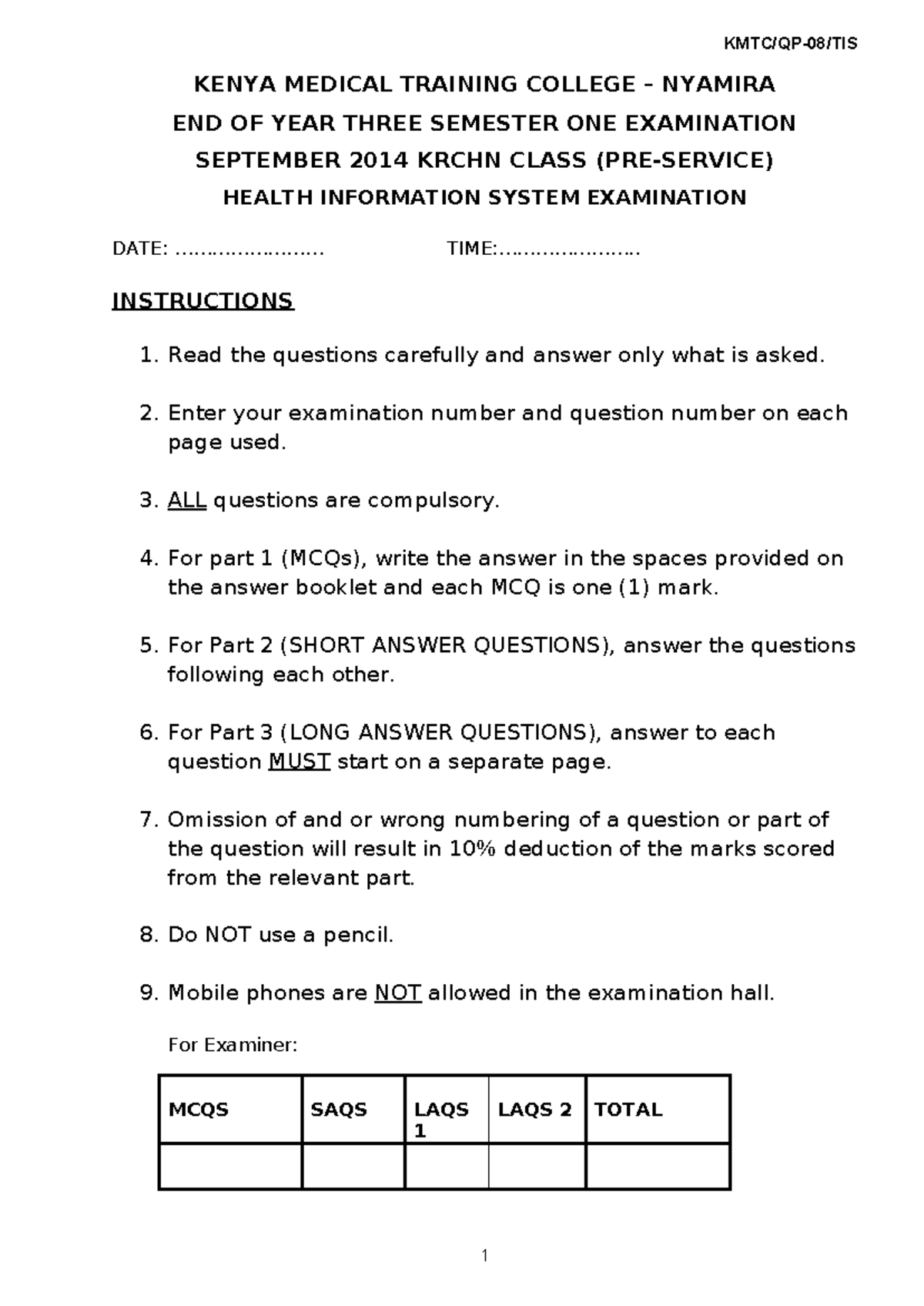 HIS-1 End of Year 3 Semester 1 Examination - Health Info System - Studocu