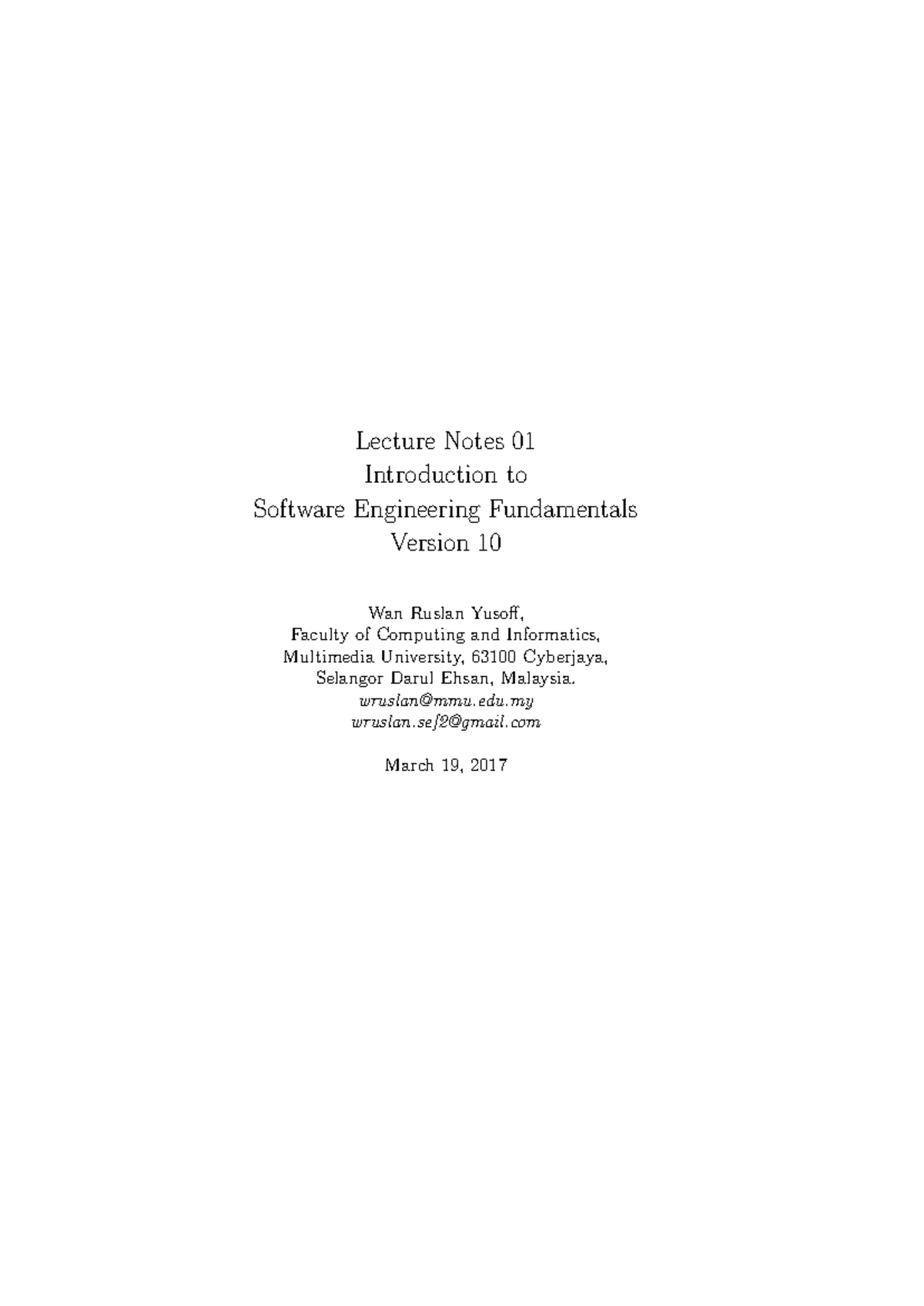 SEF11-Lecture Notes-01 - Lecture Notes 01 Introduction to Software ...