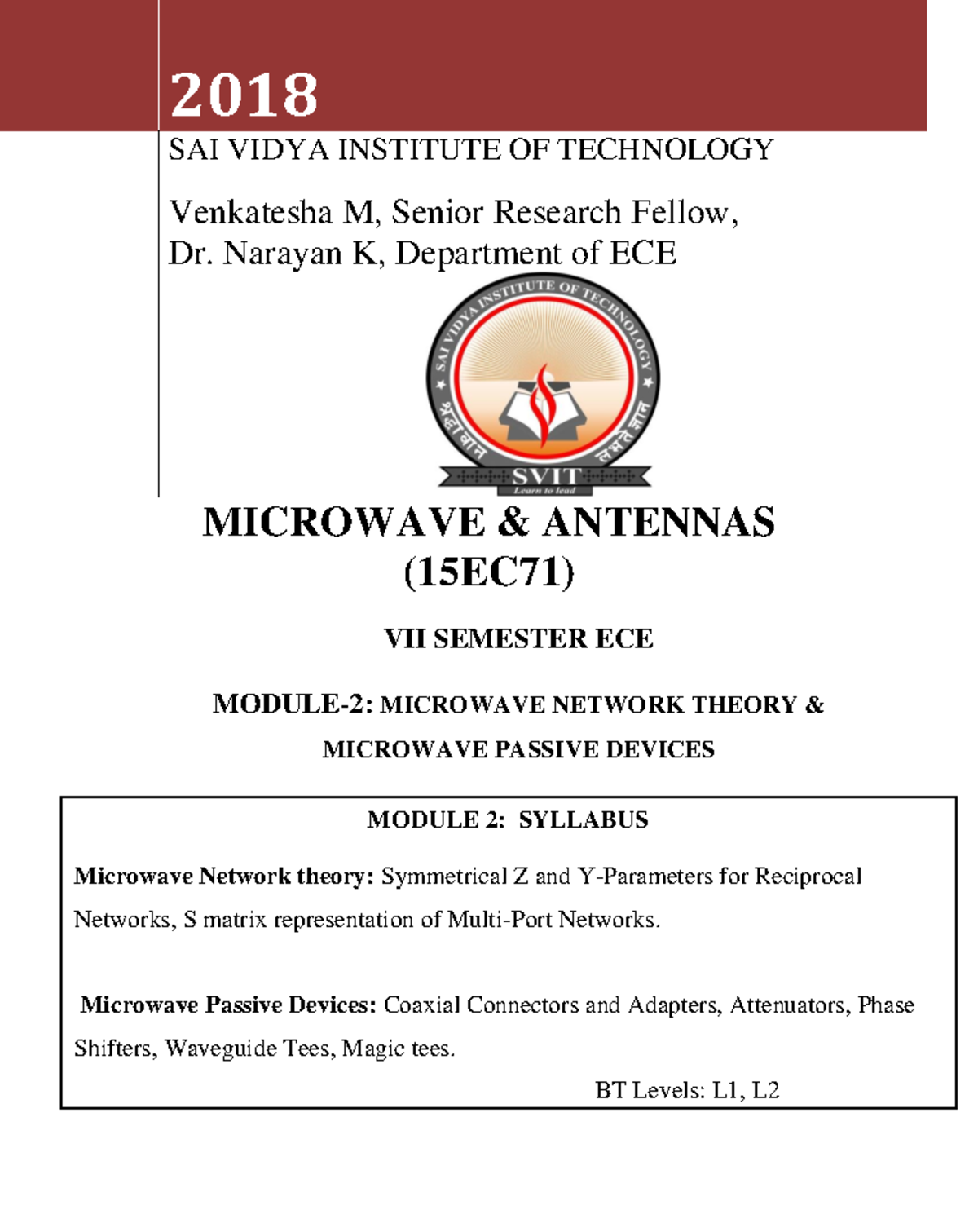 Microwave Antennas & Network Theory (15EC71) Module 2 Syllabus - Studocu