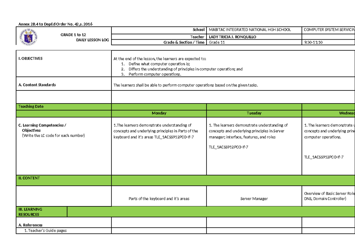 DLL-CSS W6 - Daily Lesson Log for Computer System Servicing - Studocu