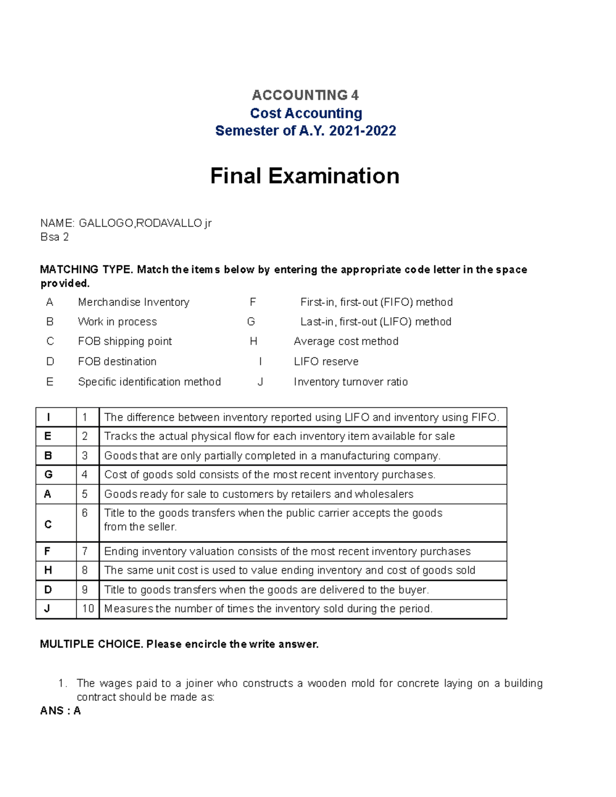 Final Exam Study Guide for Cost Accounting (ACCT 4) - Gallogo - Studocu