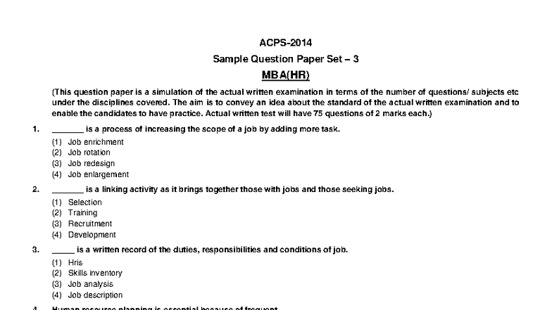 09 MBA(HR) Sample Question Paper Set 3 - Practice Exam - Studocu