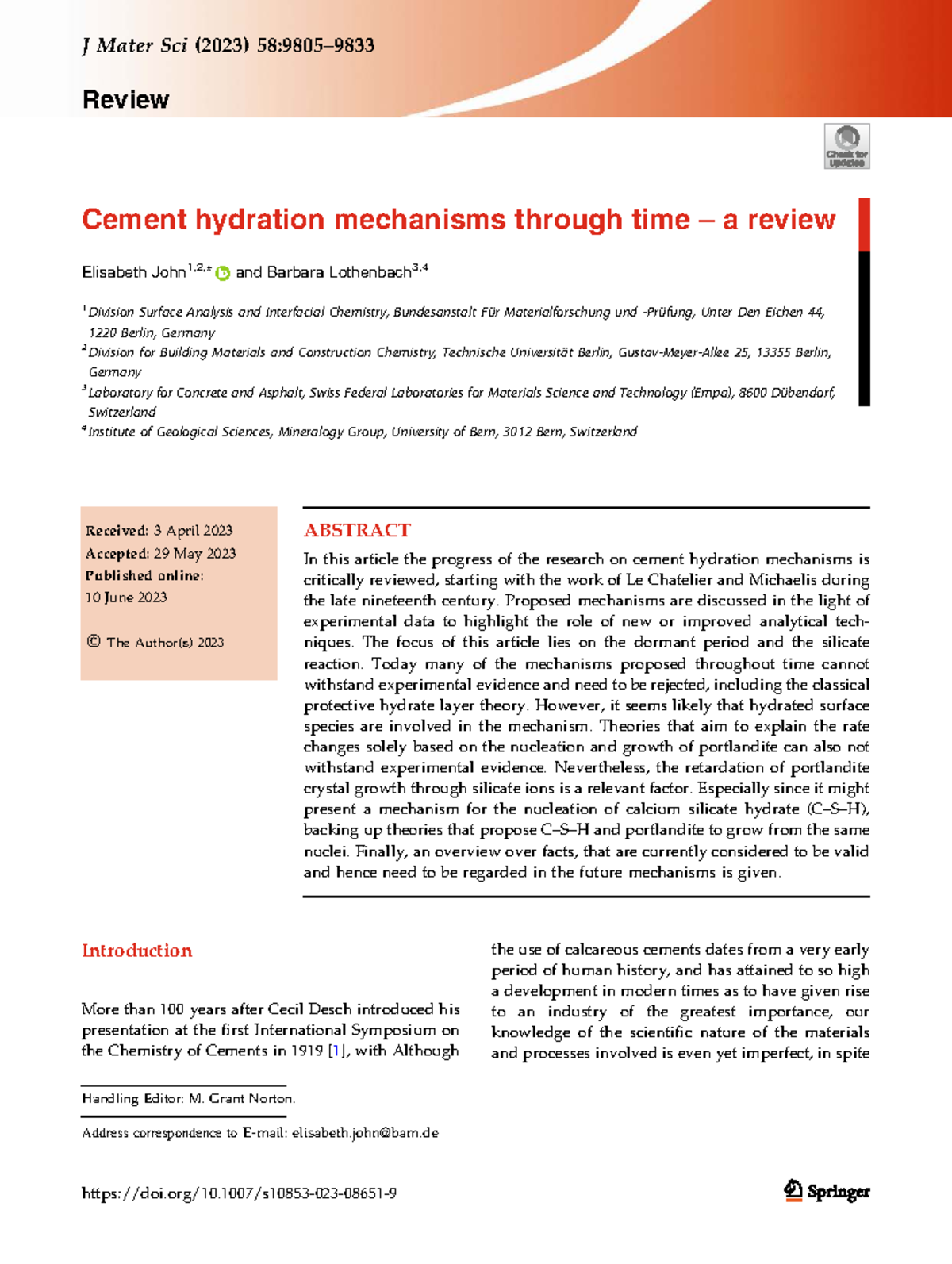 Cement Hydration Mechanisms Over Time: A Comprehensive Review (J Mater ...