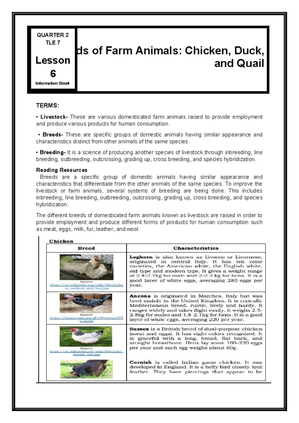 QUARTER 2 TLE 7 Lesson 6: Breeds of Farm Animals - Poultry - Studocu