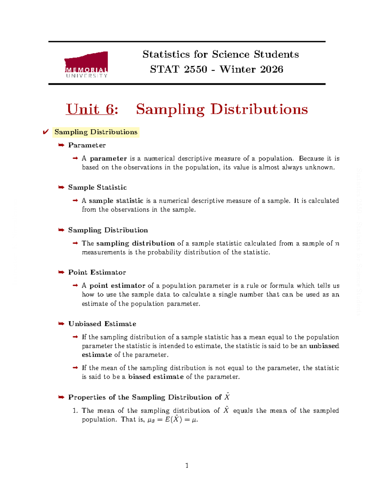 Unit 6: Sampling Distributions - Lecture Notes for STAT 2550 - Studocu