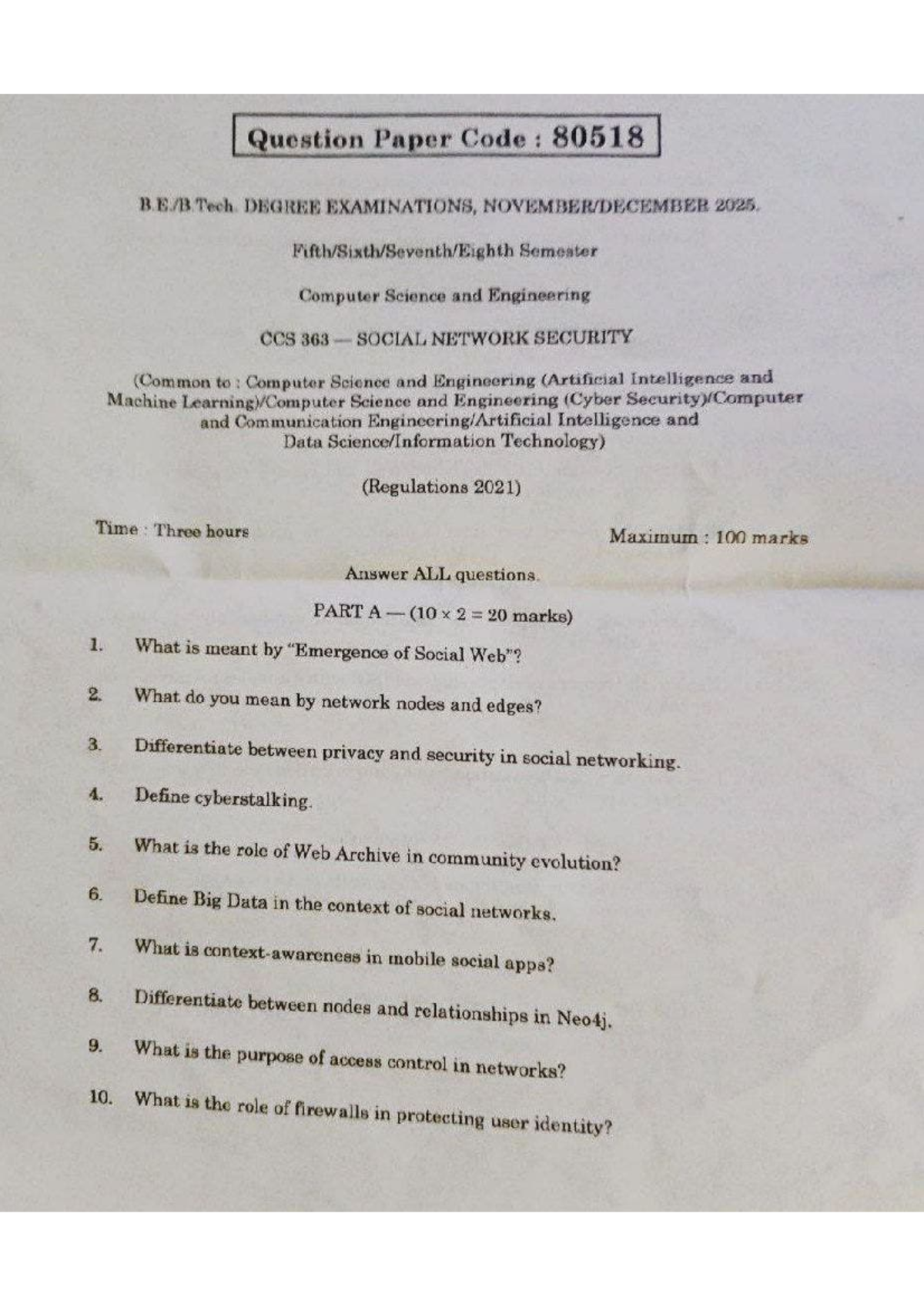 CCS 363 Social Network Security Nov-Dec 2025 Question Paper - Studocu