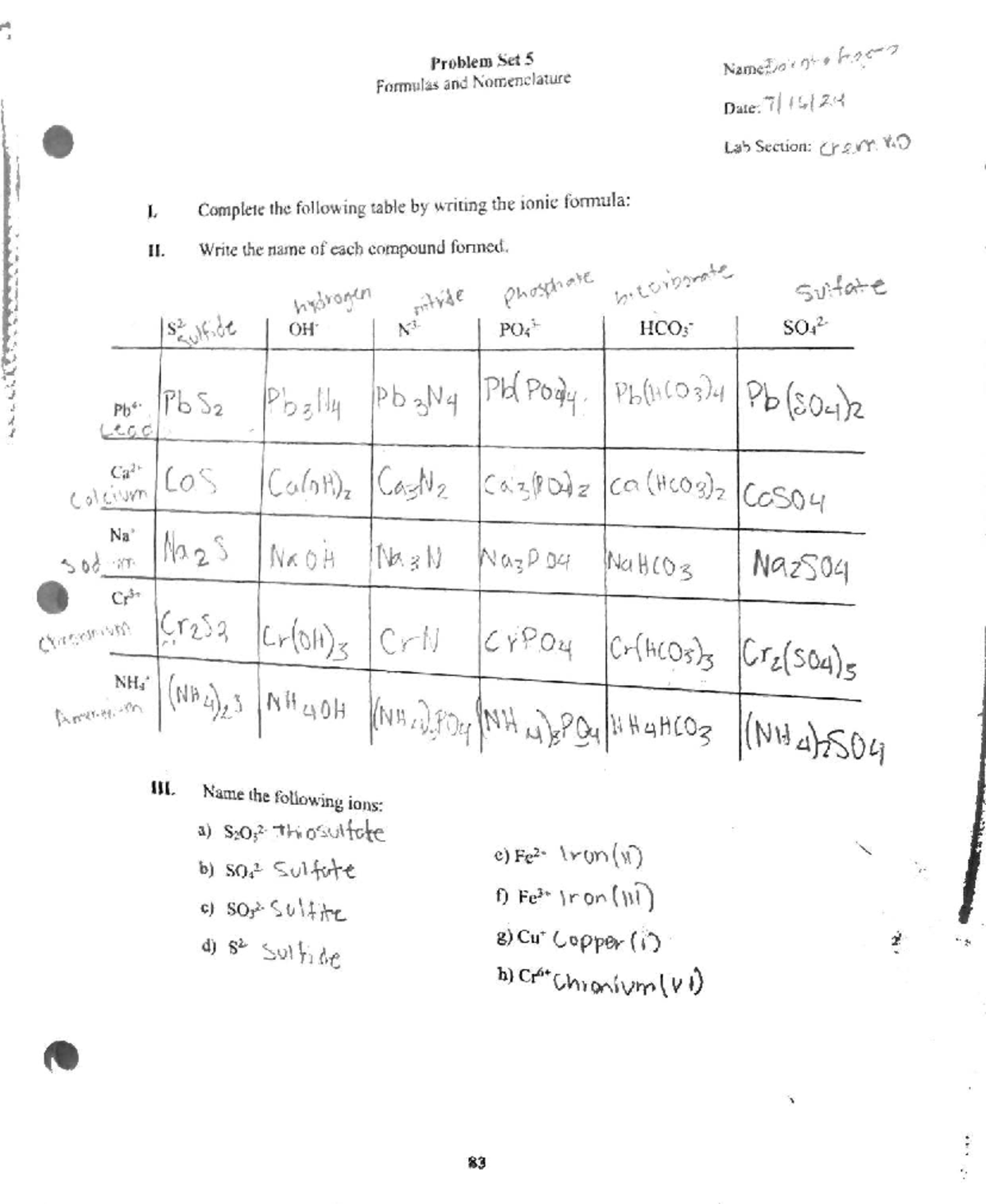 Chem 101: Problem Set 5 - Ionic Formulas & Nomenclature - Studocu