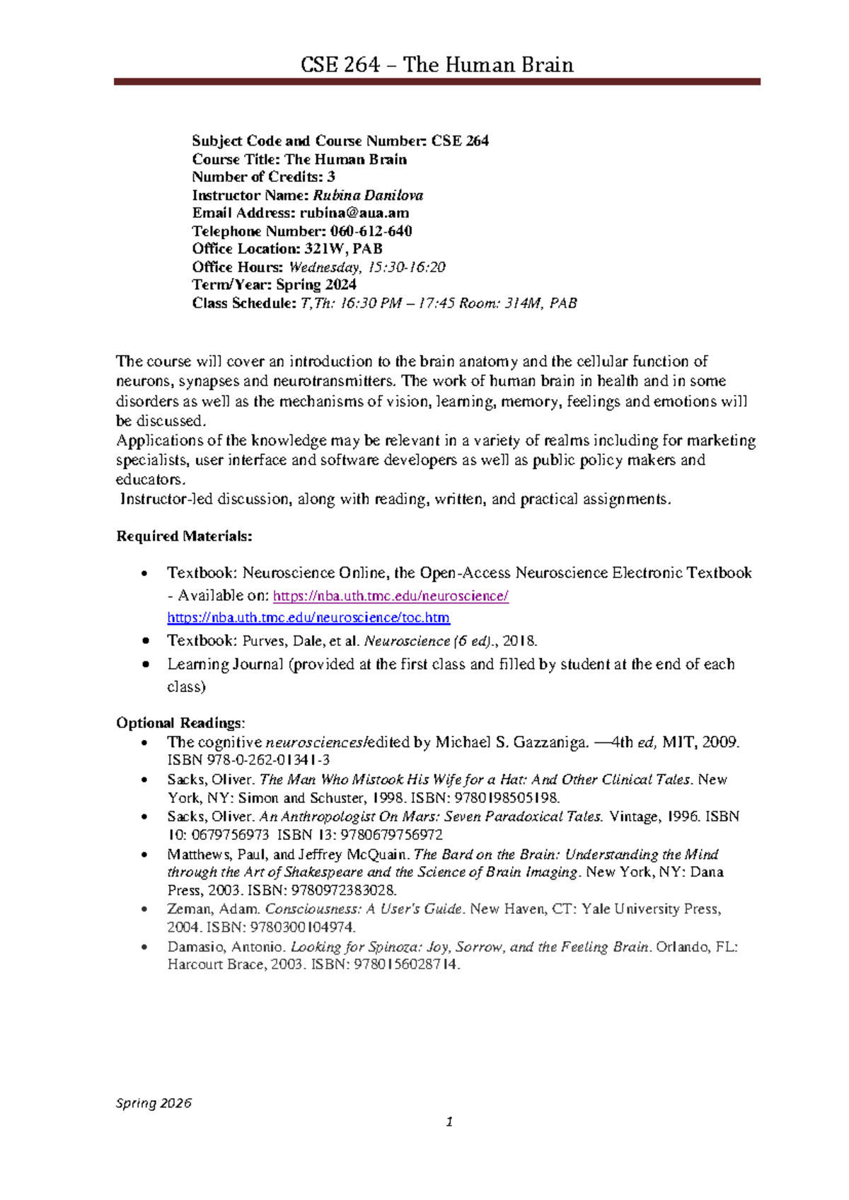 CSE 264 The Human Brain Course Overview and Schedule - Spring 2026 ...