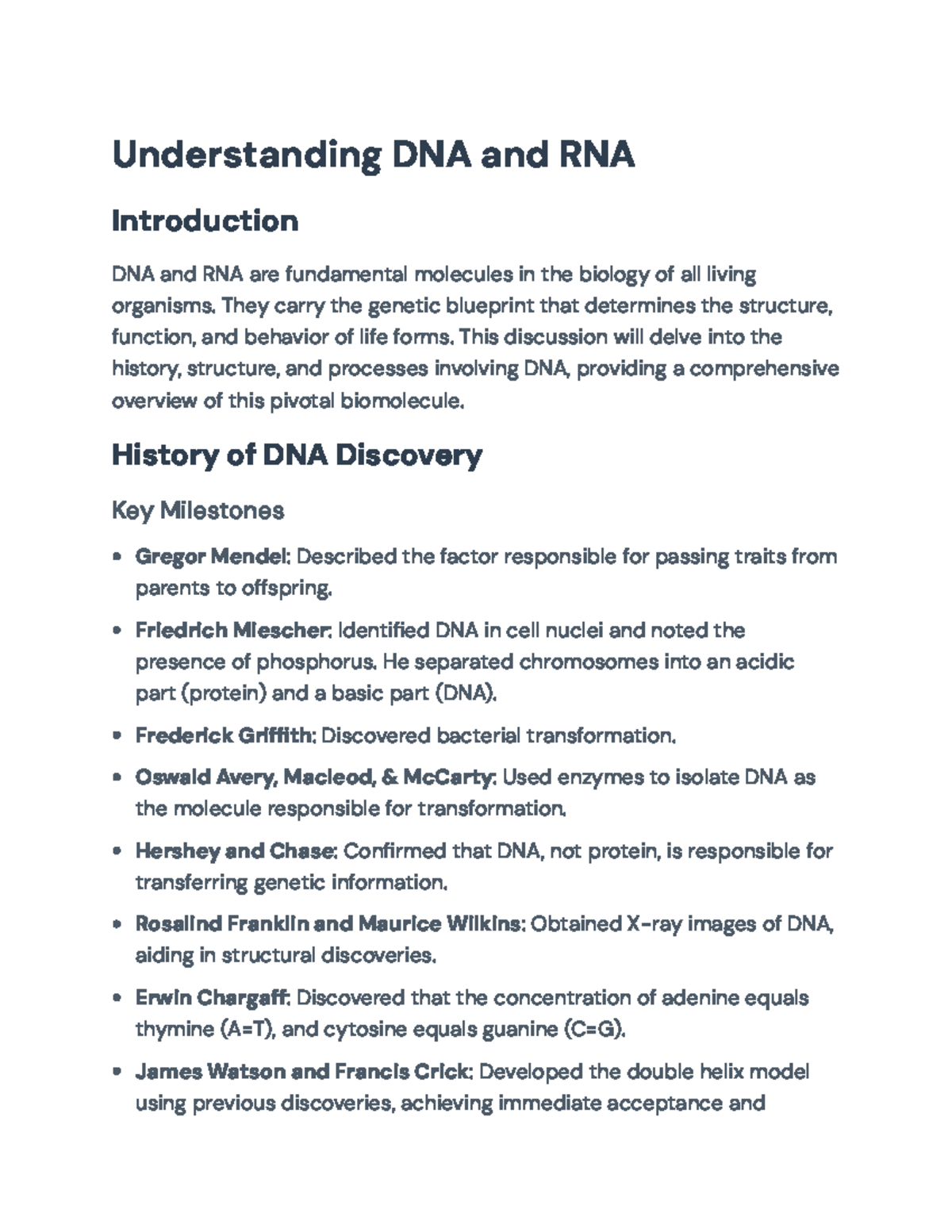 DNA and RNA: Structure, History, and Replication Summary ...