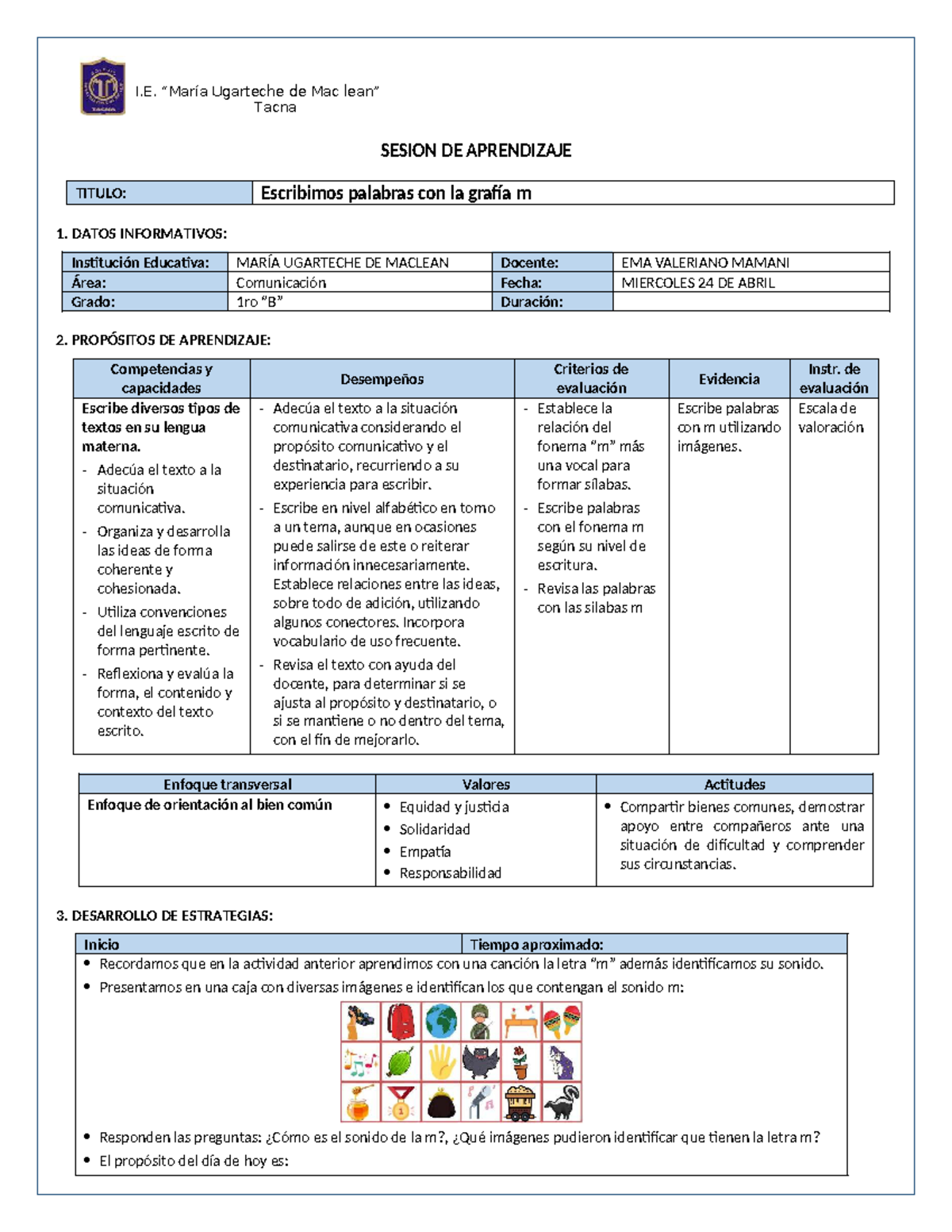 SESION DE APRENDIZAJE: Escribimos Palabras con la Letra M - 1ro ...